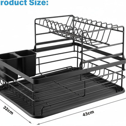 CARLA HOME 2-Tier Dish Drying Rack for Kitchen Counter with Removable Drip Tray, Utensil Holder and Cutlery Organizer (Black)