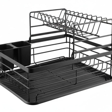 CARLA HOME 2-Tier Dish Drying Rack for Kitchen Counter with Removable Drip Tray, Utensil Holder and Cutlery Organizer (Black)