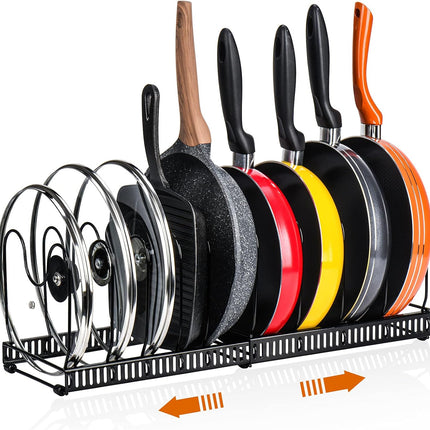 CARLA HOME Expandable Pot and Pan Organizer Rack for Cabinet with 10 Adjustable Dividers, Lid & Cookware Holder for Kitchen Pantry or Countertop Storage