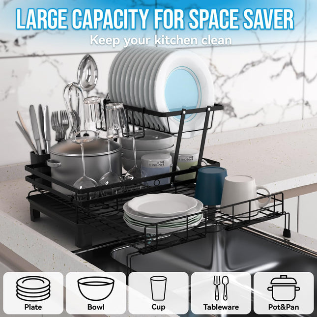 CARLA HOME Expandable Dish Drying Rack with Drainage Spout, Utensil Holder & Drainboardfor Kitchen Countertop Organizer (2 tier)