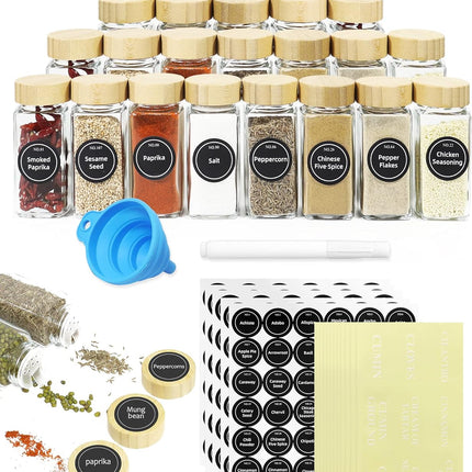 CARLA HOME 24 Glass Spice Jars with Bamboo Lids, Shaker Tops, 180 Spice Labels, White Pen & Funnel for Kitchen Organization, Spice Rack, Seasoning & Herb Storage