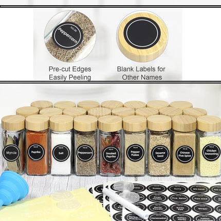 CARLA HOME 24 Glass Spice Jars with Bamboo Lids, Shaker Tops, 180 Spice Labels, White Pen & Funnel for Kitchen Organization, Spice Rack, Seasoning & Herb Storage