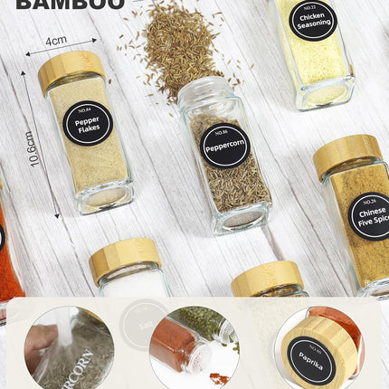 CARLA HOME 24 Glass Spice Jars with Bamboo Lids, Shaker Tops, 180 Spice Labels, White Pen & Funnel for Kitchen Organization, Spice Rack, Seasoning & Herb Storage