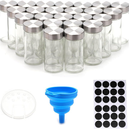 CARLA HOME 24 Glass Spice Jars with Lids, Shaker Tops, 180 Spice Labels, White Pen & Funnel for Kitchen Organization, Spice Rack, Seasoning & Herb Storage