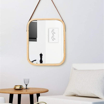 CARLA HOME Hanging Wall Mirror with Bamboo Frame with Adjustable Leather Strap for Bathroom, Bedroom, Vanity or Entryway (40x33 cm)