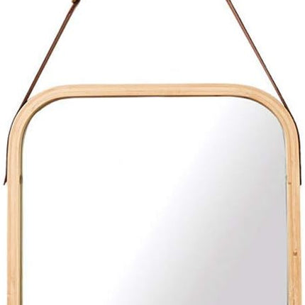 CARLA HOME Hanging Wall Mirror with Bamboo Frame with Adjustable Leather Strap for Bathroom, Bedroom, Vanity or Entryway (40x33 cm)