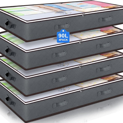 CARLA HOME 4 Pack Underbed Storage Bins with 90L Large Capacity Storage Containers for Comforters, Linen, Pillows, Toys, Towels, Blankets