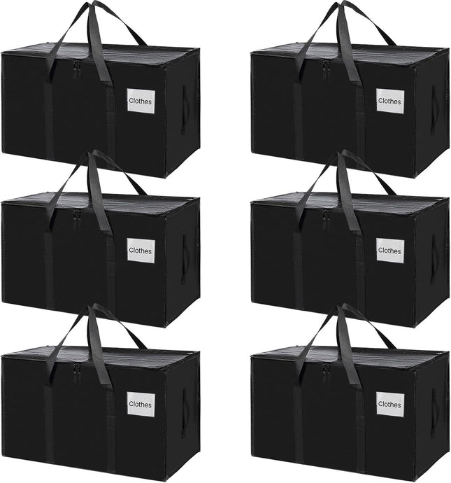 CARLA HOME 6-Pack Large Moving Storage Bags with Zippers & Handles with 95 Liters Capacity for Space Saving, Travel, Camping & Organization (Black)