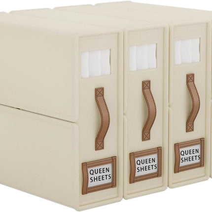 CARLA HOME Bed Sheet Organizer Set of 4 with Handle & Window for Covers, Pillowcases, Blankets, Clothes & Sheets (Beige)