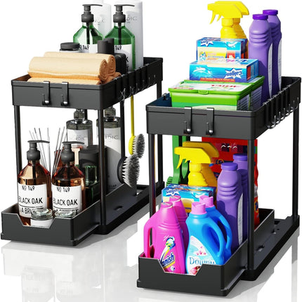 CARLA HOME 2 Pack Under Sink Organizer with Pull-Out Basket and Hooks for Bathroom & Kitchen