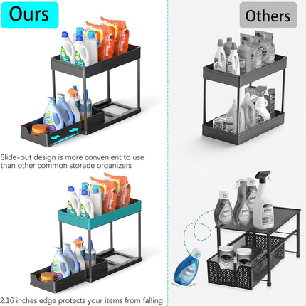 CARLA HOME 2 Pack Under Sink Organizer with Pull-Out Basket and Hooks for Bathroom & Kitchen