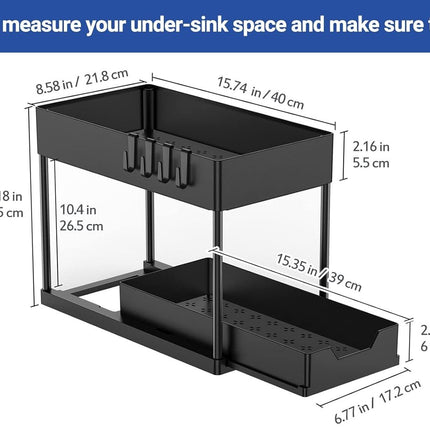 CARLA HOME 2 Pack Under Sink Organizer with Pull-Out Basket and Hooks for Bathroom & Kitchen