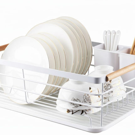 CARLA HOME Dish Drying Rack with Wooden Handles, Removable Cutlery Holder & Drainboard for Kitchen Countertop