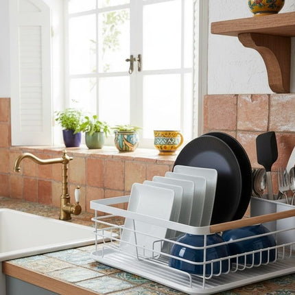 CARLA HOME Dish Drying Rack with Wooden Handles, Removable Cutlery Holder & Drainboard for Kitchen Countertop