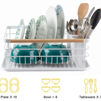 CARLA HOME Dish Drying Rack with Wooden Handles, Removable Cutlery Holder & Drainboard for Kitchen Countertop