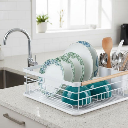 CARLA HOME Dish Drying Rack with Wooden Handles, Removable Cutlery Holder & Drainboard for Kitchen Countertop