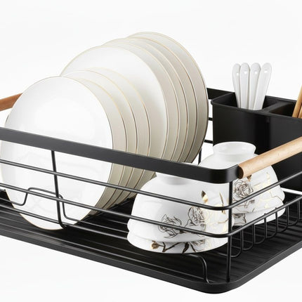CARLA HOME Dish Drying Rack with Wooden Handles, Removable Cutlery Holder & Drainboard for Kitchen Countertop