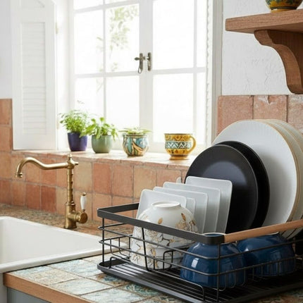 CARLA HOME Dish Drying Rack with Wooden Handles, Removable Cutlery Holder & Drainboard for Kitchen Countertop