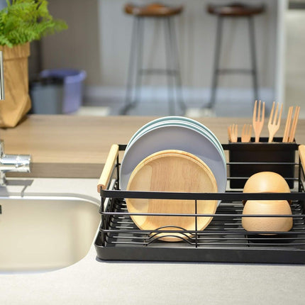 CARLA HOME Dish Drying Rack with Wooden Handles, Removable Cutlery Holder & Drainboard for Kitchen Countertop