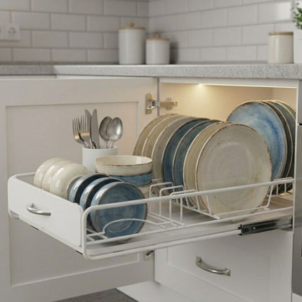 CARLA HOME Pull Out Dish Rack for Kitchen Cabinet with Slide Out Drawer Organizer for Plates, Bowls & Utensils