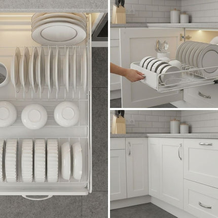 CARLA HOME Pull Out Dish Rack for Kitchen Cabinet with Slide Out Drawer Organizer for Plates, Bowls & Utensils