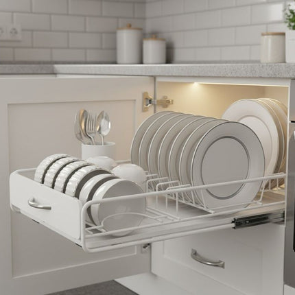 CARLA HOME Pull Out Dish Rack for Kitchen Cabinet with Slide Out Drawer Organizer for Plates, Bowls & Utensils