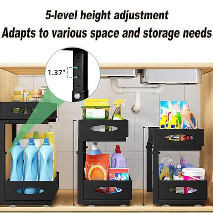 CARLA HOME 2 Tier Under Sink Organizer Pull Out Sliding Cabinet Storage Shelf with Height Adjustable for Kitchen, Bathroom or Laundry Room (Black)