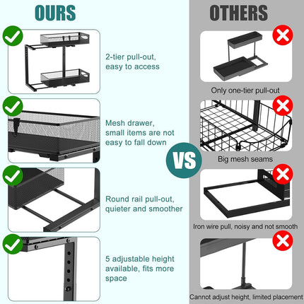 CARLA HOME 2 Tier Under Sink Organizer Pull Out Sliding Cabinet Storage Shelf with Height Adjustable for Kitchen, Bathroom or Laundry Room (Black)