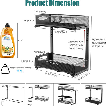 CARLA HOME 2 Tier Under Sink Organizer Pull Out Sliding Cabinet Storage Shelf with Height Adjustable for Kitchen, Bathroom or Laundry Room (Black)
