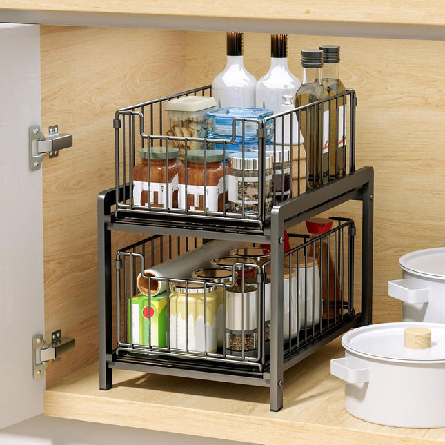 CARLA HOME 2 Tier Sliding Cabinet Organizer Drawer Storage Rack for Kitchen or Bathroom