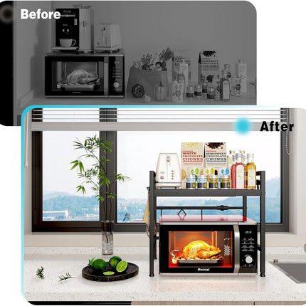 CARLA HOME 2-Tier Microwave Oven Rack with Adjustable Metal Kitchen Shelf Stand for Countertop Storage and 6 Hooks for Utensils (Black)