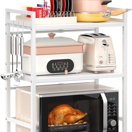 CARLA HOME 3-Tier Microwave Oven Rack with Adjustable Metal Kitchen Shelf Stand for Countertop Storage and 6 Hooks for Utensils
