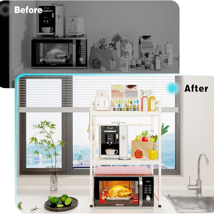 CARLA HOME 3-Tier Microwave Oven Rack with Adjustable Metal Kitchen Shelf Stand for Countertop Storage and 6 Hooks for Utensils