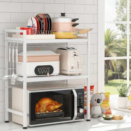 CARLA HOME 3-Tier Microwave Oven Rack with Adjustable Metal Kitchen Shelf Stand for Countertop Storage and 6 Hooks for Utensils