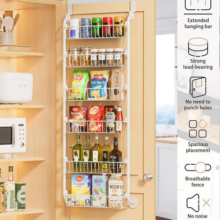 CARLA HOME 6-Tier Over the Door Organizer Heavy-Duty Metal Pantry Rack with Hanging Baskets for Home Kitchen Storage & Bathroom Door Organization (White)