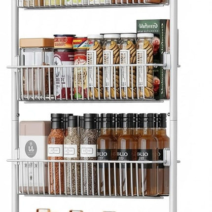 CARLA HOME 6-Tier Over the Door Organizer Heavy-Duty Metal Pantry Rack with Hanging Baskets for Home Kitchen Storage & Bathroom Door Organization (White)