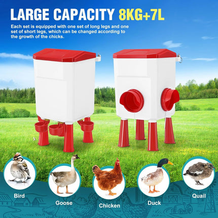 CARLA HOME Automatic Chicken Feeder Waterer Set with 8KG Food 7L Water Capacity for Coop, Chickens, Ducks, Quails (Red)