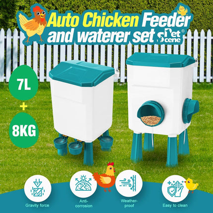 CARLA HOME Automatic Chicken Feeder Waterer Set with 8KG Food 7L Water Capacity for Coop, Chickens, Ducks, Quails (Blue)