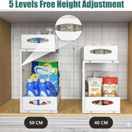 CARLA HOME 2 Tier Under Sink Organizer Pull Out Sliding Cabinet Storage Shelf with Height Adjustable for Kitchen, Bathroom or Laundry Room (White)