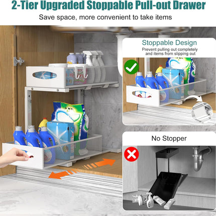 CARLA HOME 2 Tier Under Sink Organizer Pull Out Sliding Cabinet Storage Shelf with Height Adjustable for Kitchen, Bathroom or Laundry Room (White)