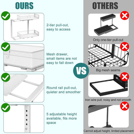 CARLA HOME 2 Tier Under Sink Organizer Pull Out Sliding Cabinet Storage Shelf with Height Adjustable for Kitchen, Bathroom or Laundry Room (White)