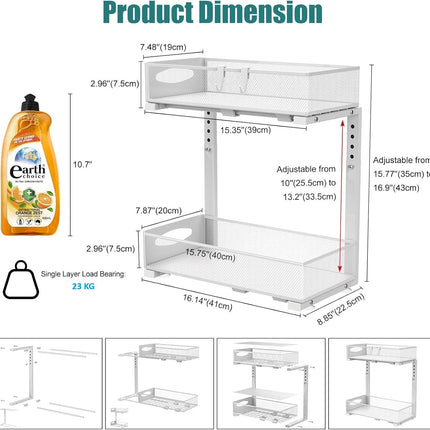 CARLA HOME 2 Tier Under Sink Organizer Pull Out Sliding Cabinet Storage Shelf with Height Adjustable for Kitchen, Bathroom or Laundry Room (White)