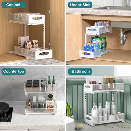 CARLA HOME 2 Tier Under Sink Organizer Pull Out Sliding Cabinet Storage Shelf with Height Adjustable for Kitchen, Bathroom or Laundry Room (White)