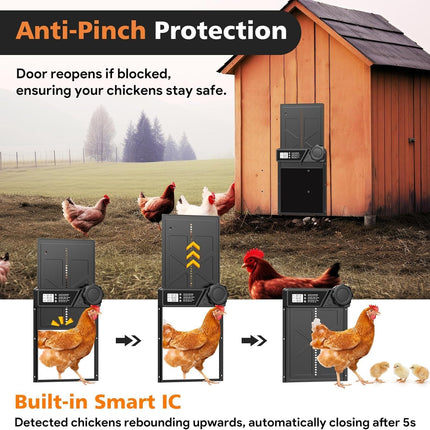 CARLA HOME Solar Automatic Chicken Coop Door with Timer, Light Sensor, Remote Control, Anti-Pinch, LED Screen & USB Charging