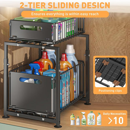 CARLA HOME 2-Tier Under Sink Organizer with Sliding Drawers & Height Adjustable for Kitchen Bathroom Cabinet Organization
