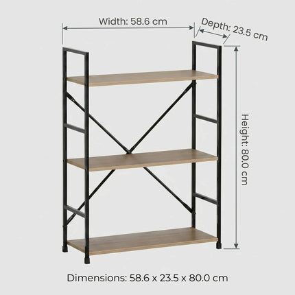 CARLA HOME 3 Tier Bookshelf - Industrial Display Shelf - Brown - Rustic - Steel - Living Room Office
