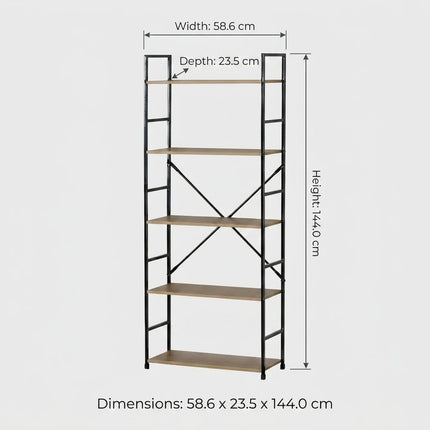 CARLA HOME 5 Tier Bookshelf - Industrial Display Shelf - Brown - Rustic - Steel - Living Room Office