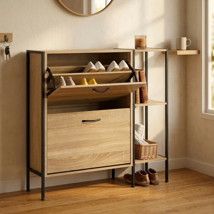 CARLA HOME 2 Flip Shoe Cabinet with Side Shelf - 88 cm Oak - Brown - Shoe Cabinet With Shelf