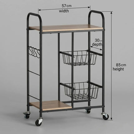 CARLA HOME Kitchen Trolley Cart with Wire Baskets - Brown - Rustic - Steel - Kitchen Rolling Cart