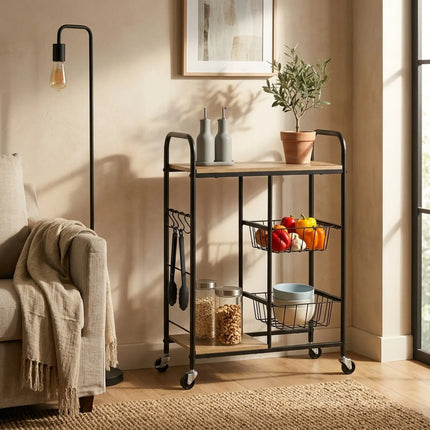 CARLA HOME Kitchen Trolley Cart with Wire Baskets - Brown - Rustic - Steel - Kitchen Rolling Cart